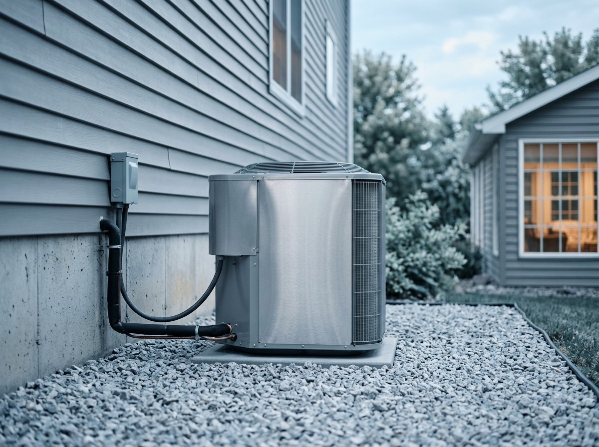 New central air conditioning unit installed beside a home