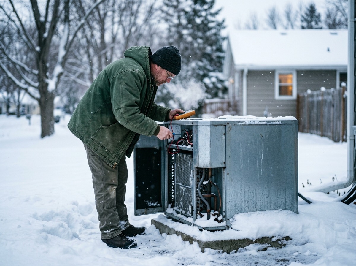 Technician inspecting an outdoor heat pump unit in winter