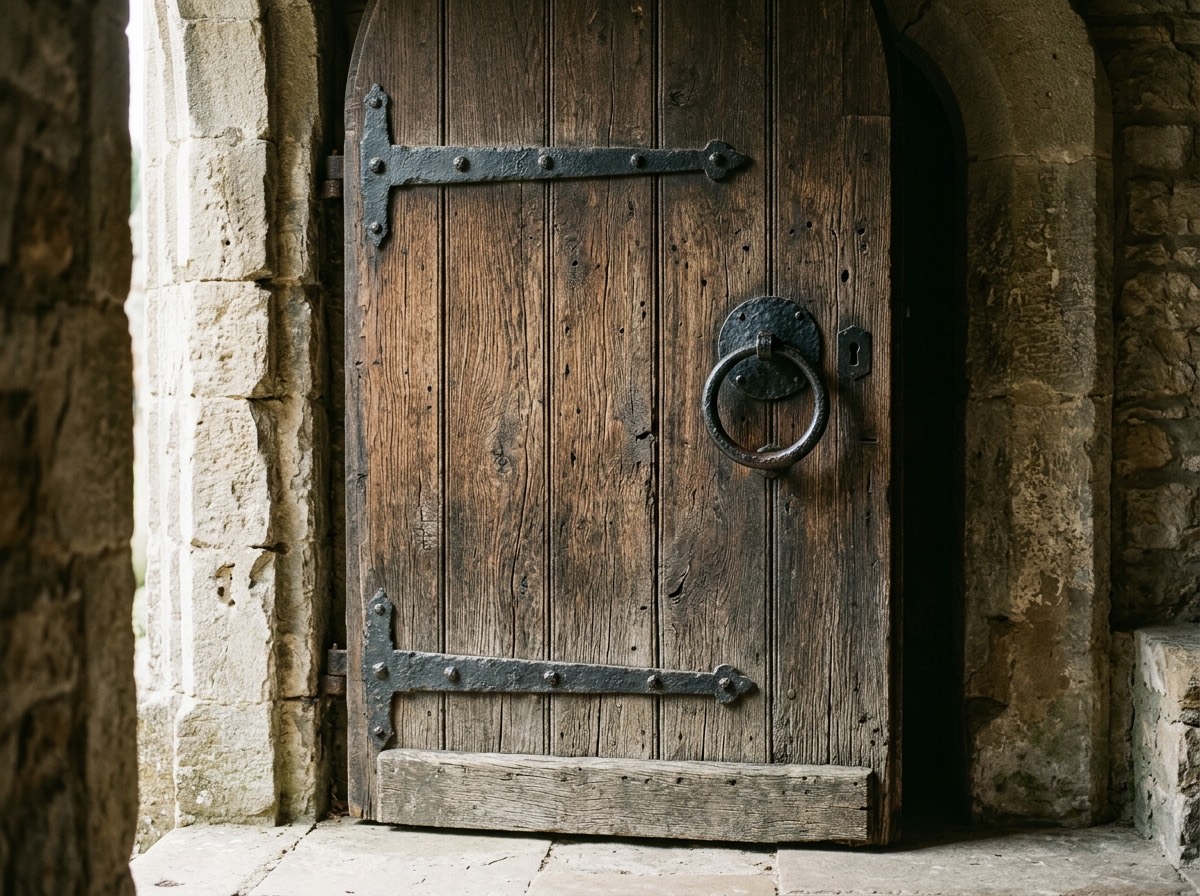 The stone-and-timber entry vestibule at 27 High Falls Road with its original 1900s hardware