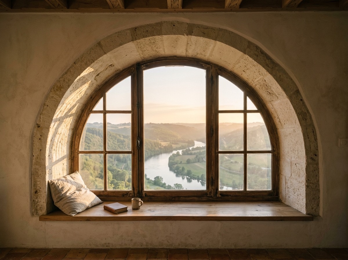 An arched window frame overlooking the Hudson River valley at golden hour