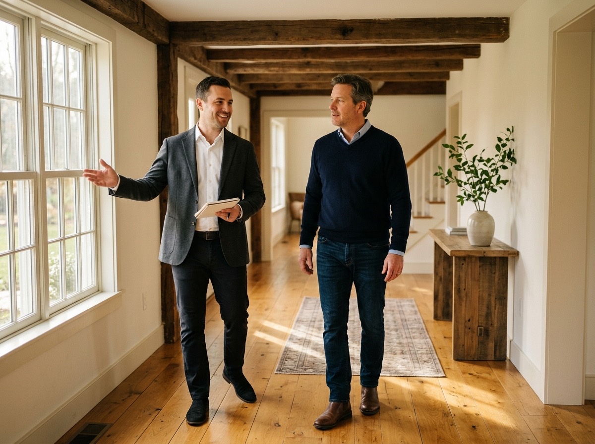 A Birchmark broker walking a client through a renovated farmhouse entry hall with soft afternoon light