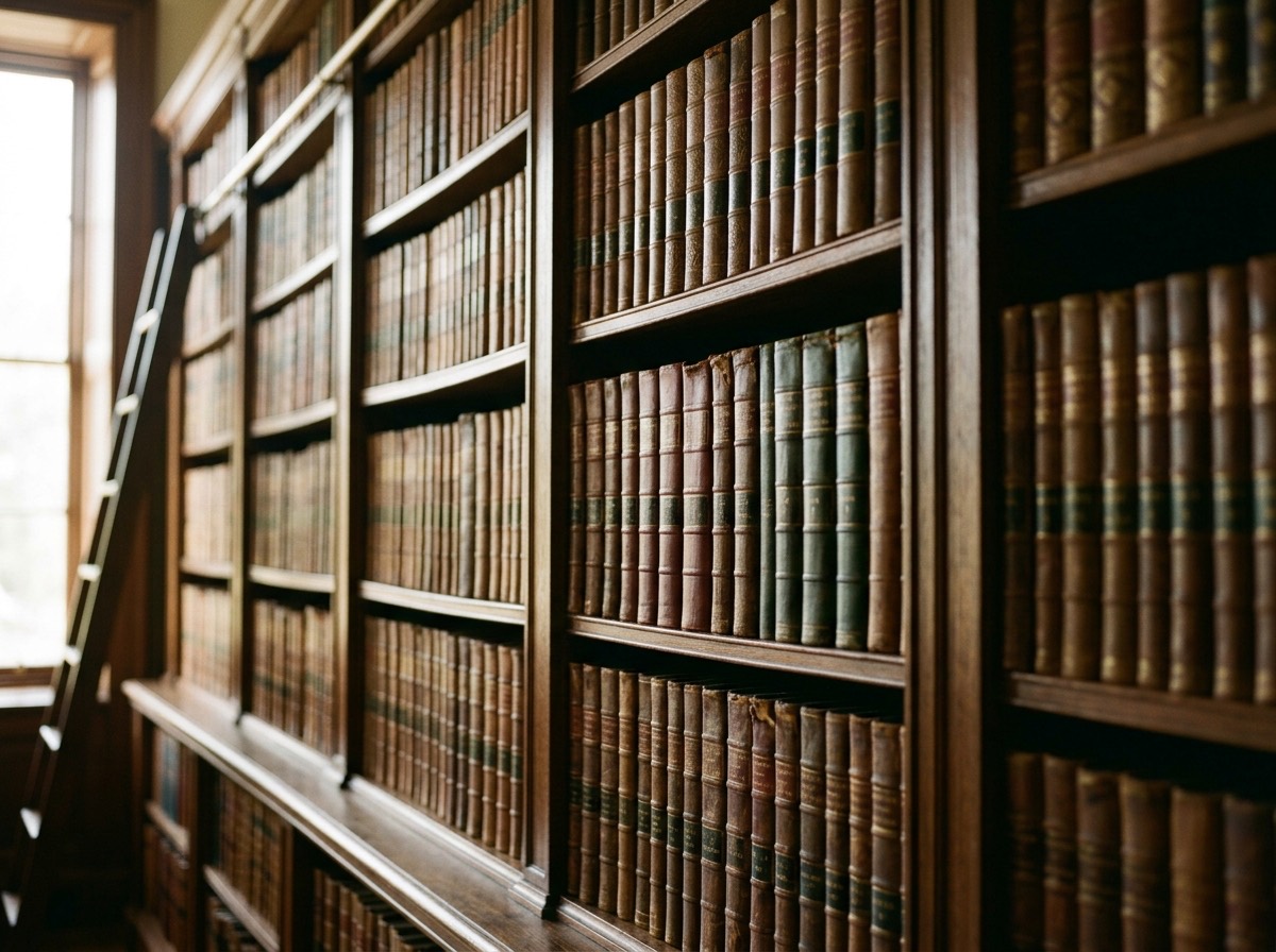 Floor-to-ceiling bookshelves filled with estate-planning reference materials and legal guides