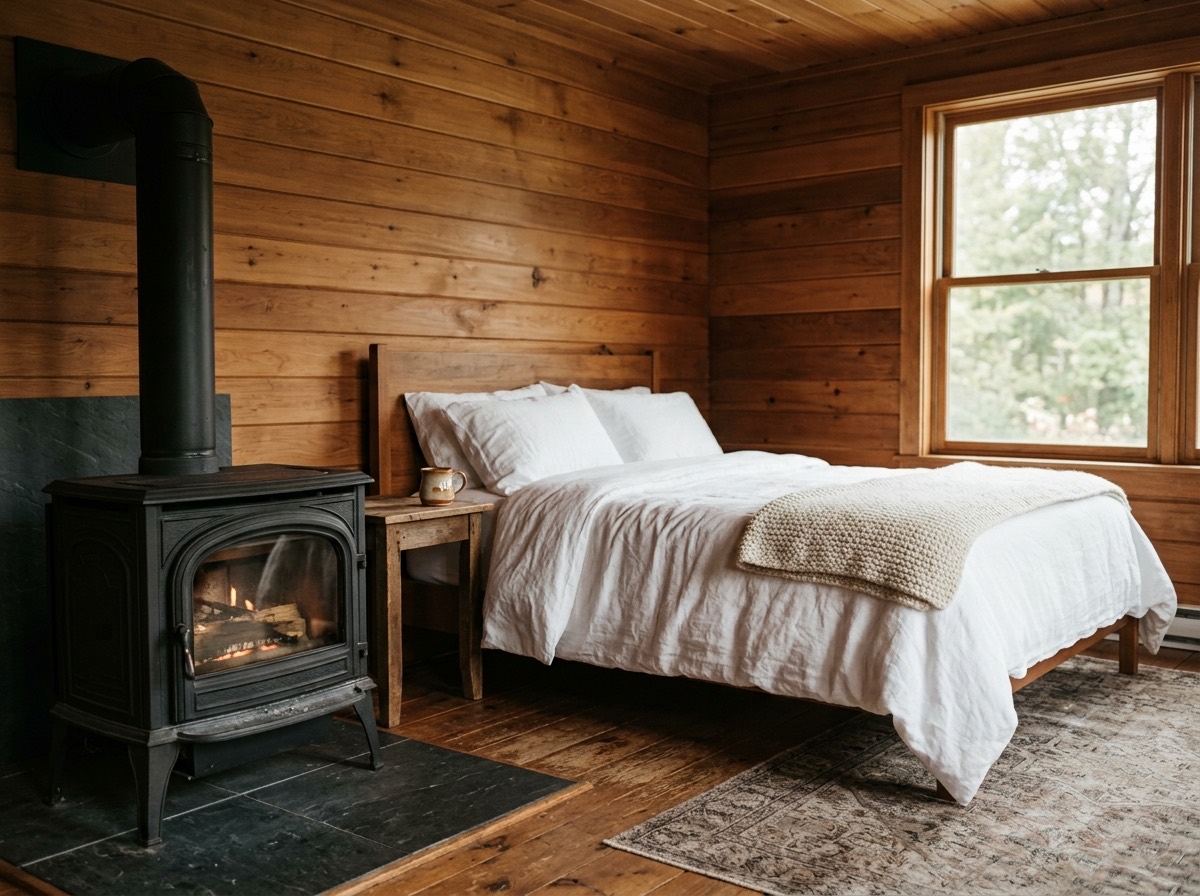 The Hemlock guest room with a wood-burning stove, white bedding, and warm wood tones
