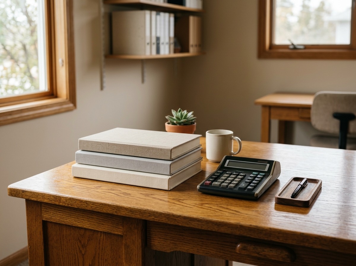 Bright, orderly accounting office with a wooden desk, ledgers, and a calculator in natural light