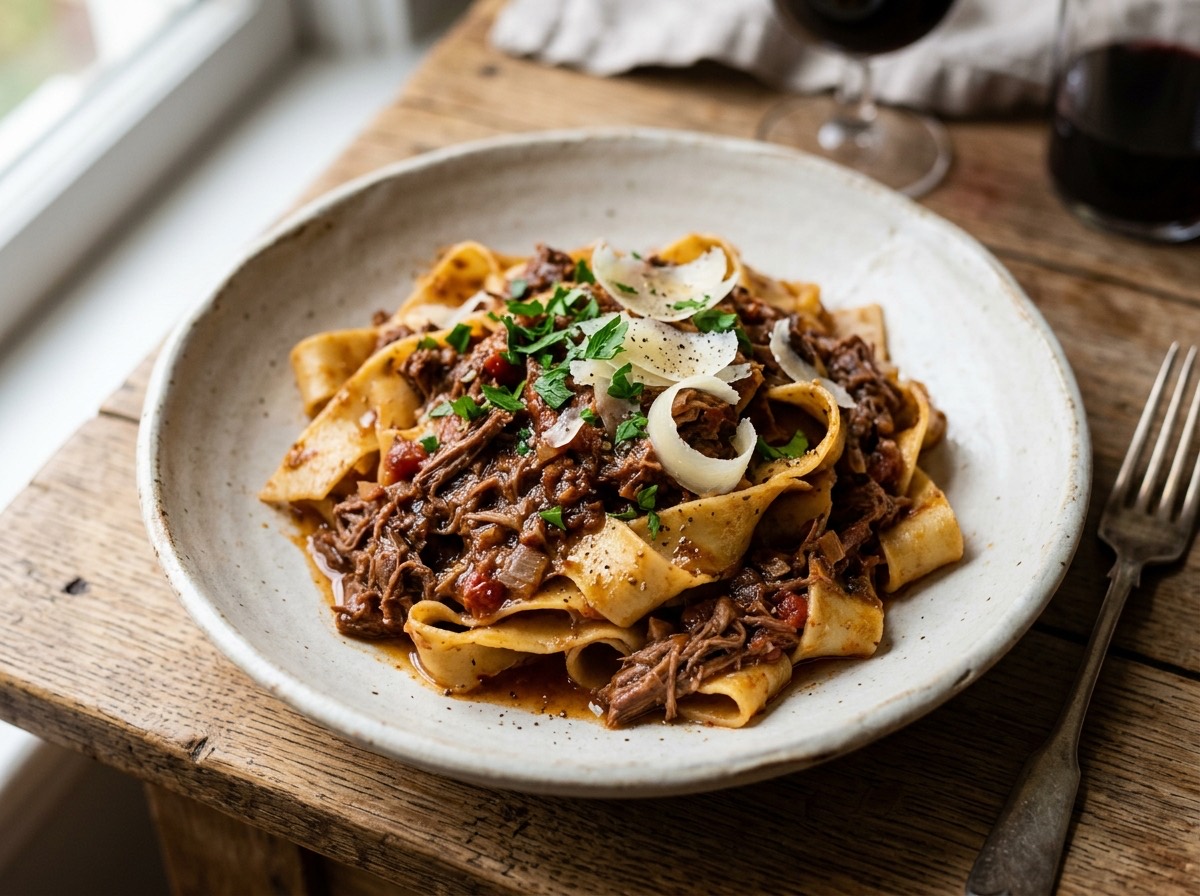 A plate of house-made pappardelle with rich Sunday Gravy and braised pork