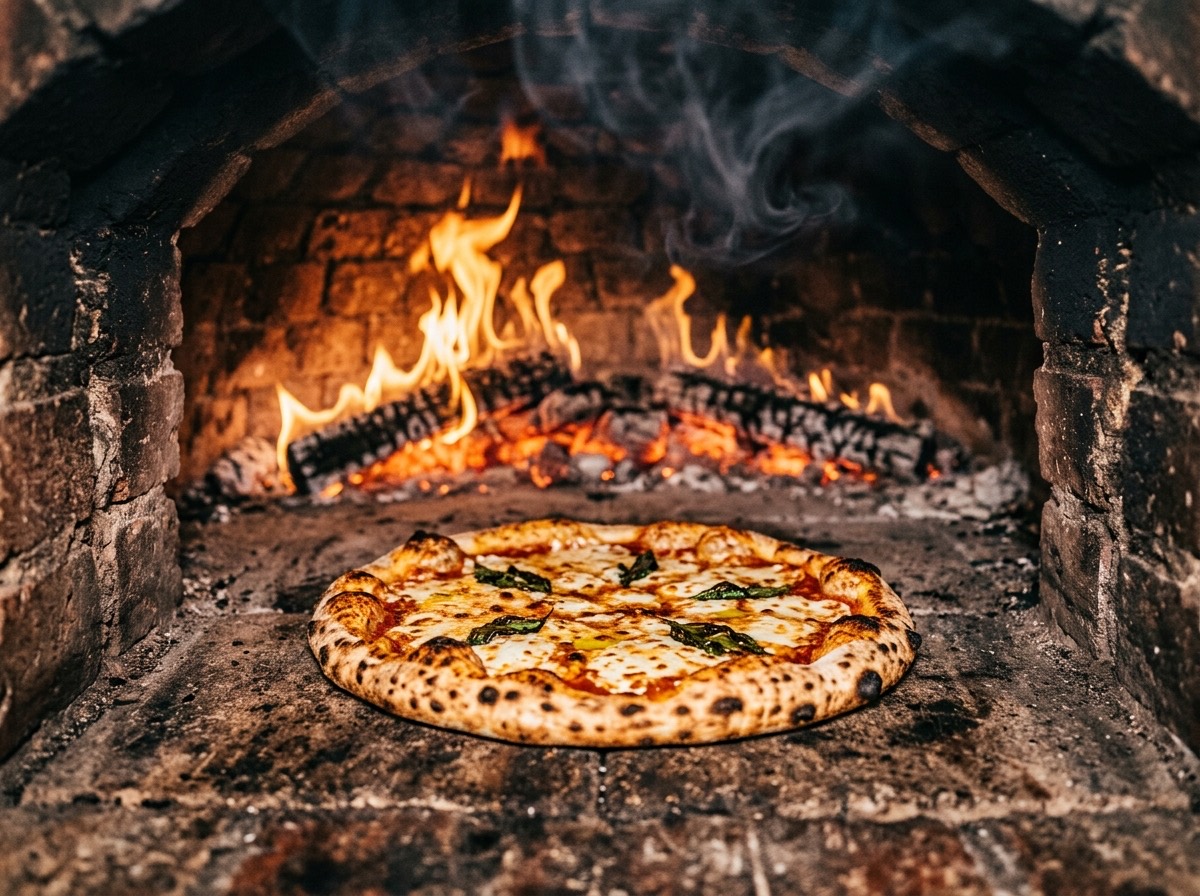 Wood-fired oven with a pizza baking to golden perfection