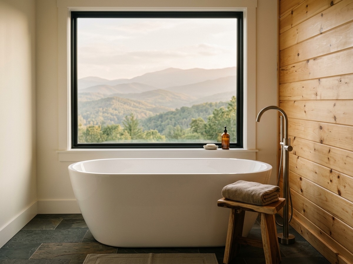 A finished primary bathroom with a freestanding soaking tub and mountain views