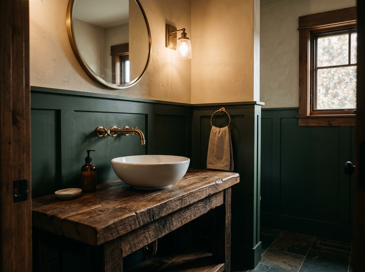 A craftsman-style powder room with a reclaimed-wood vanity and brass fixtures