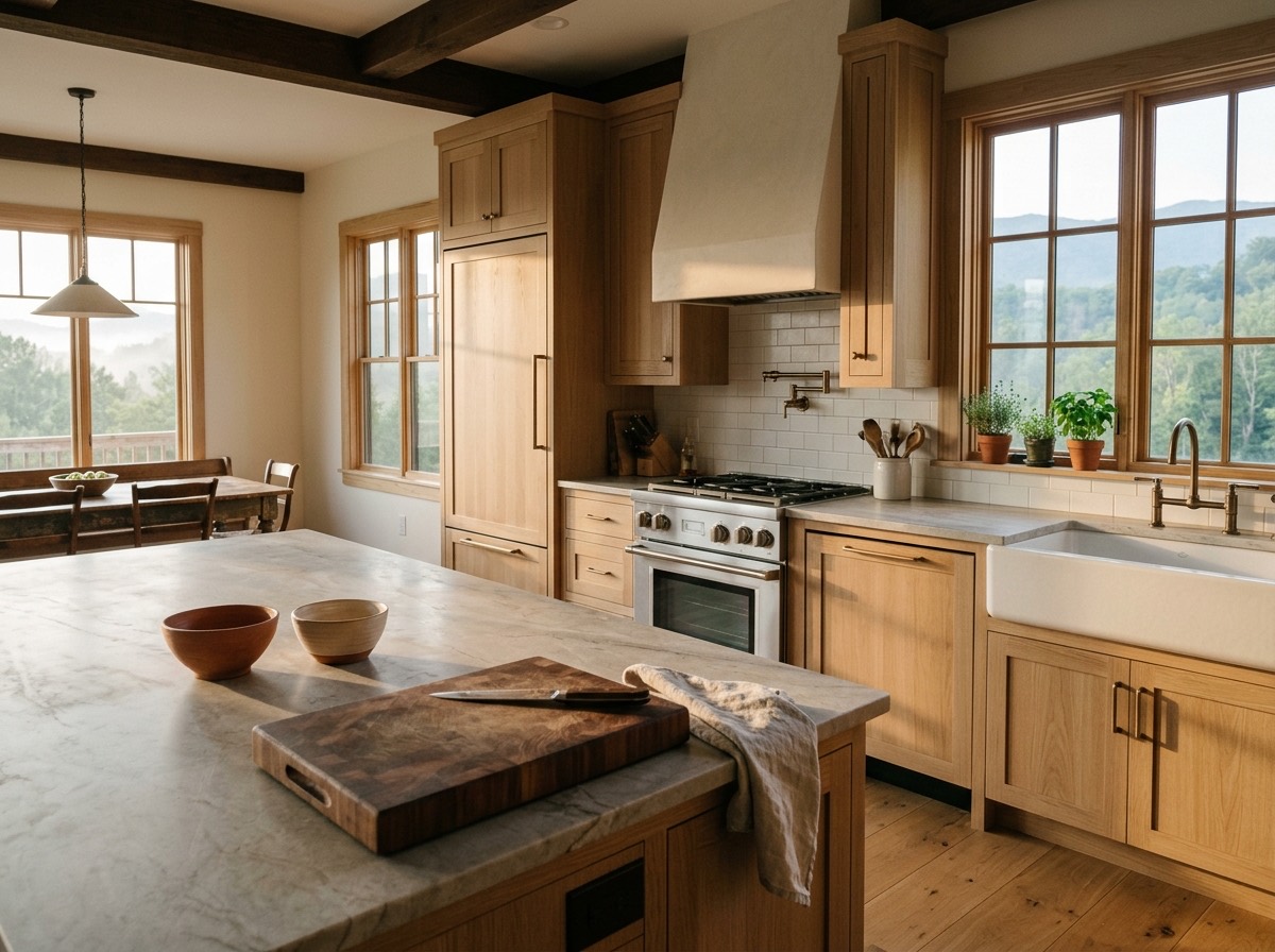 A newly remodeled craftsman-style kitchen with white oak cabinetry and a natural stone island