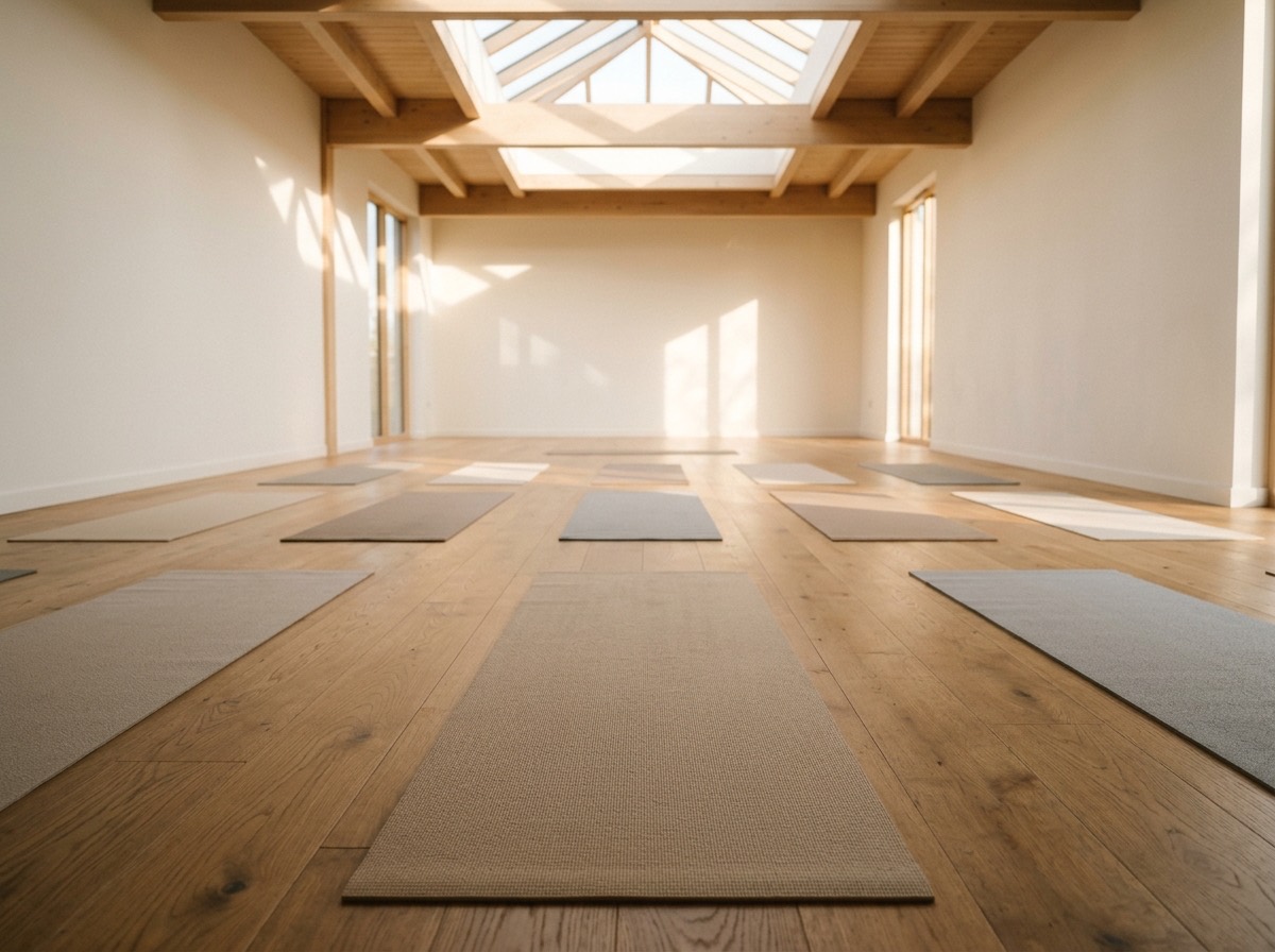 Yoga mats laid out on a wooden floor with afternoon light streaming through skylights