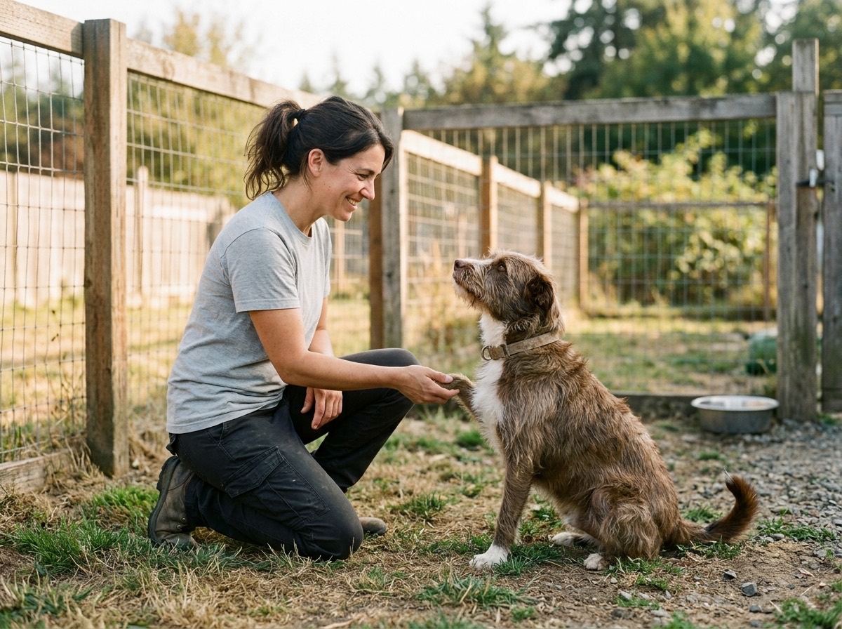 Volunteer kneeling to greet a shelter dog in a sunny outdoor play yard