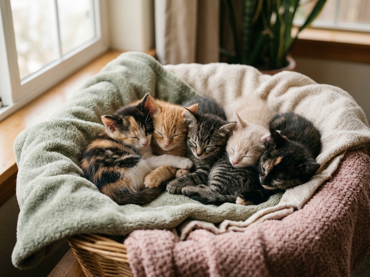Litter of foster kittens curled up together in a blanket-lined nest