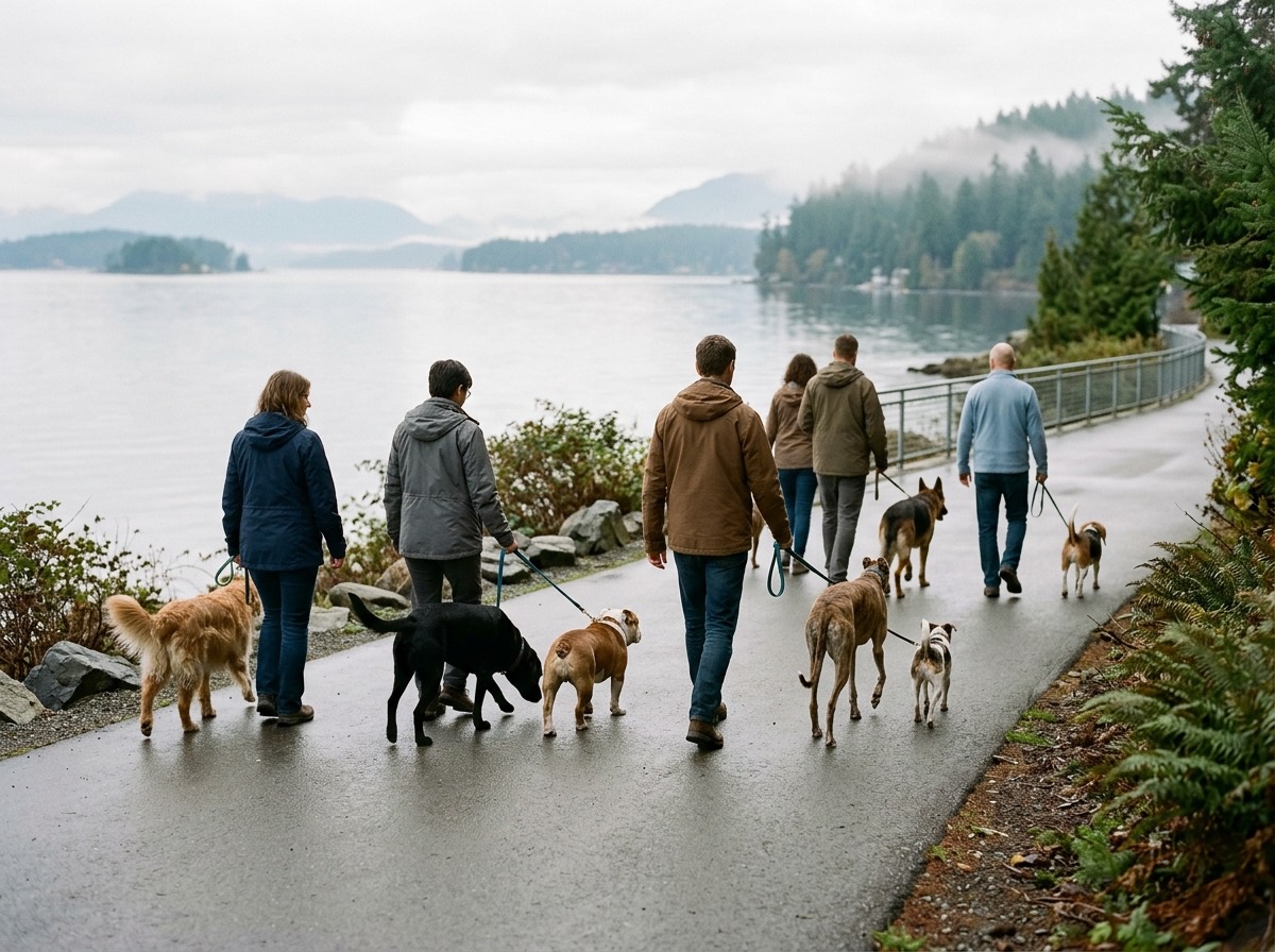 Group of volunteers walking several leashed dogs along a waterfront path