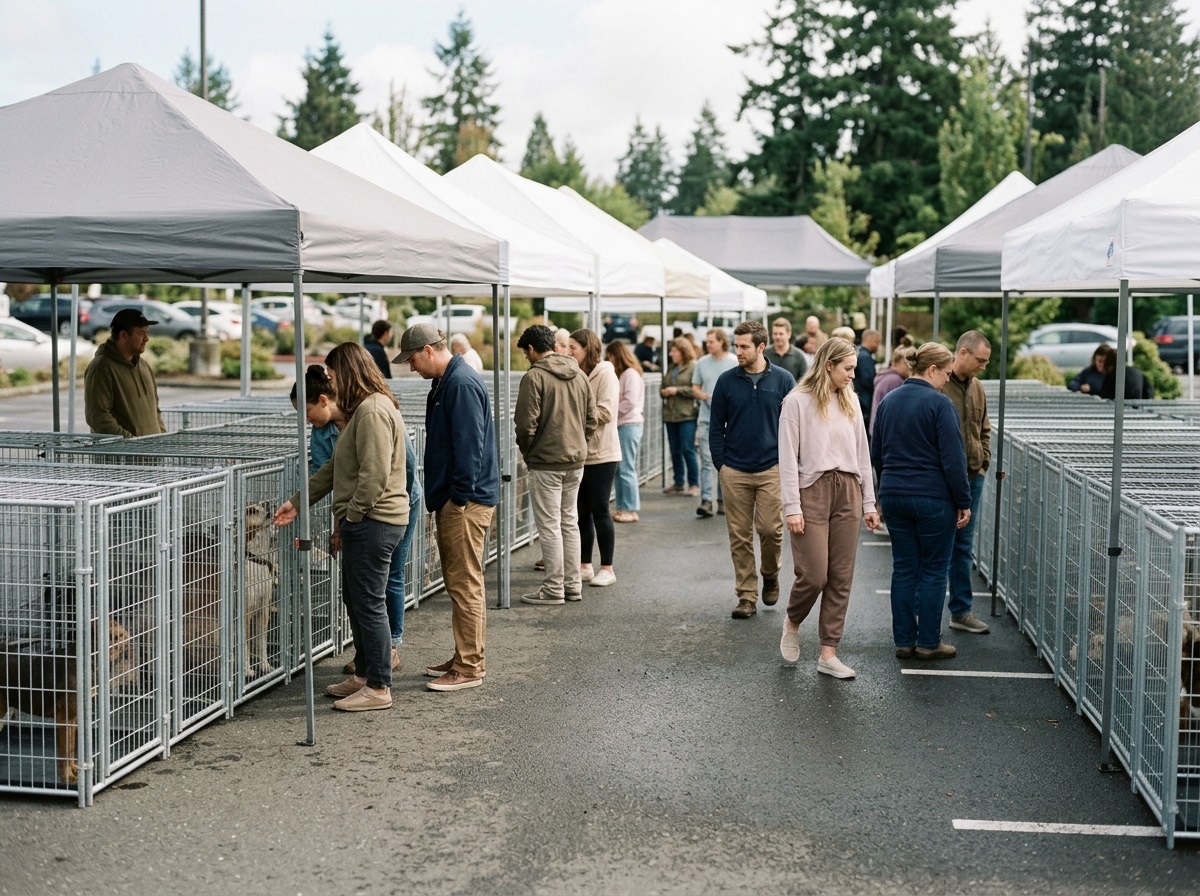 Crowd browsing kennels together at an outdoor weekend adoption event
