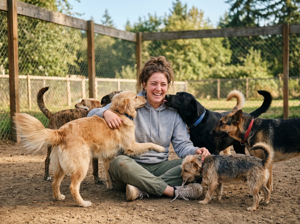 Volunteer sitting on the ground surrounded by several wagging shelter dogs in a sunny play yard