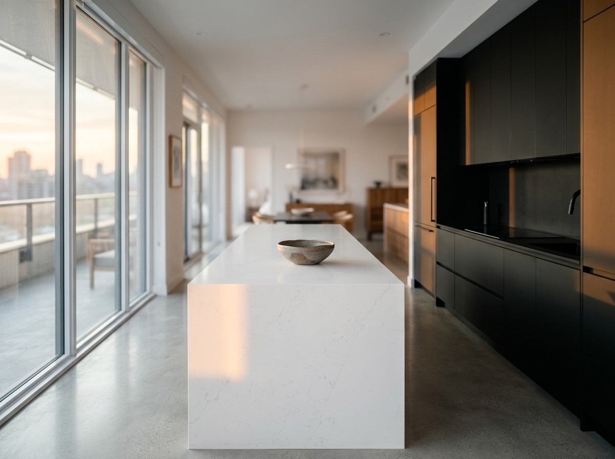 A minimalist condo kitchen with matte black cabinetry and a quartz waterfall island