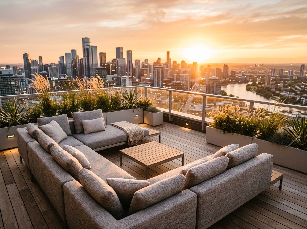 A rooftop deck with skyline views and modern outdoor sectional seating