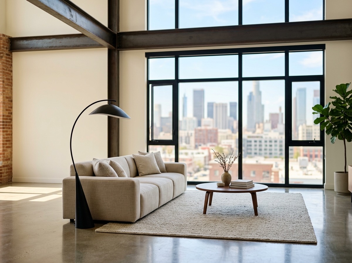An open-concept living room with polished concrete floors and exposed steel beams