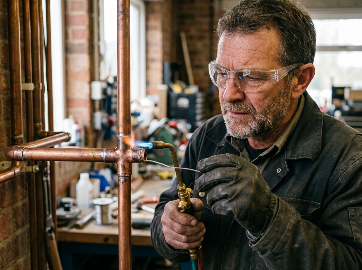 Technician soldering a copper pipe joint