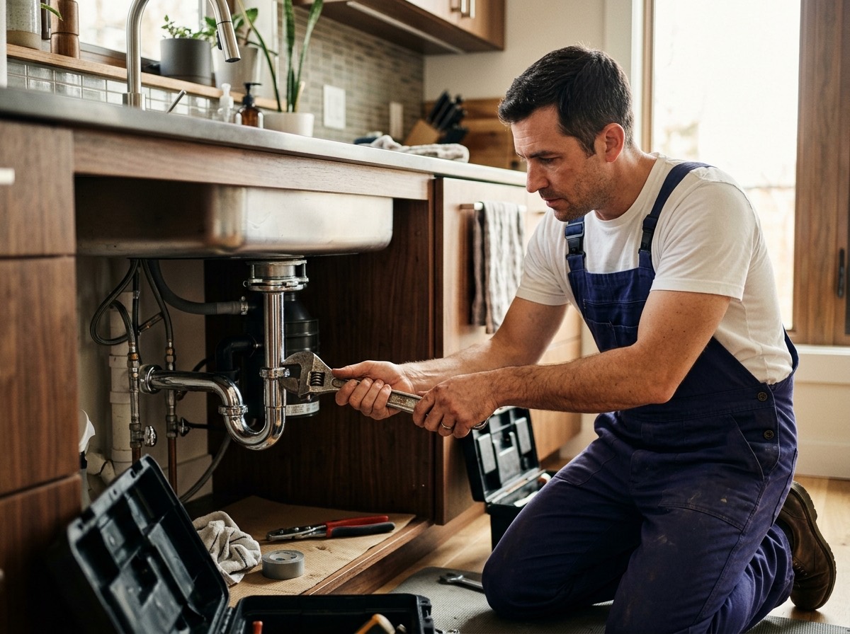 A Jetstream Plumbing technician repairing a pipe under a kitchen sink