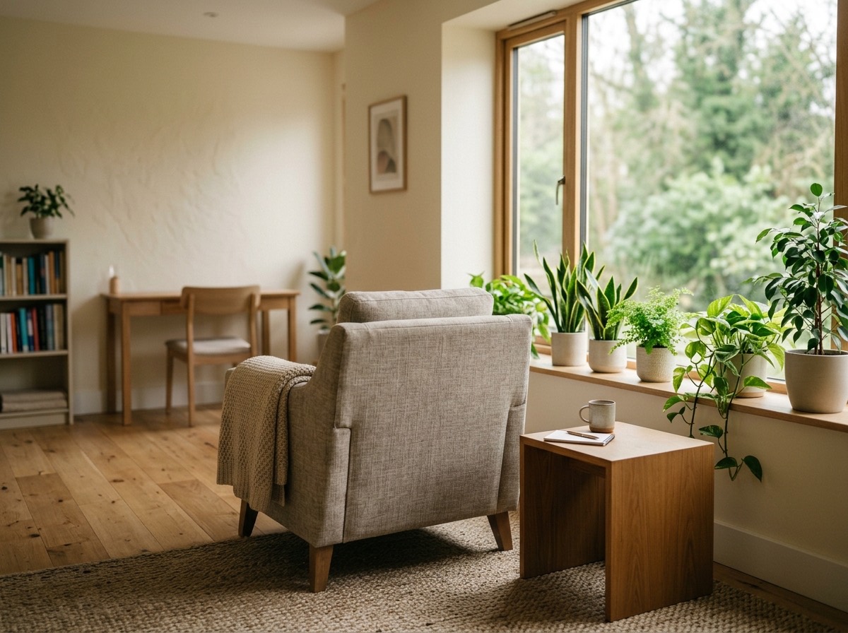A warm therapy office with soft natural light, comfortable seating, and calming plants on the windowsill