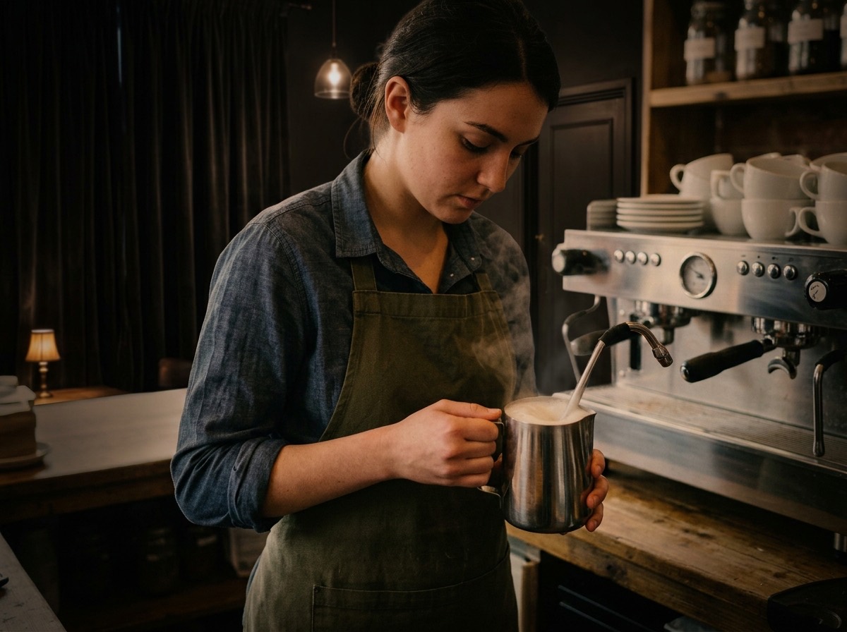 Barista behind the espresso bar steaming milk for a Vermont maple latte