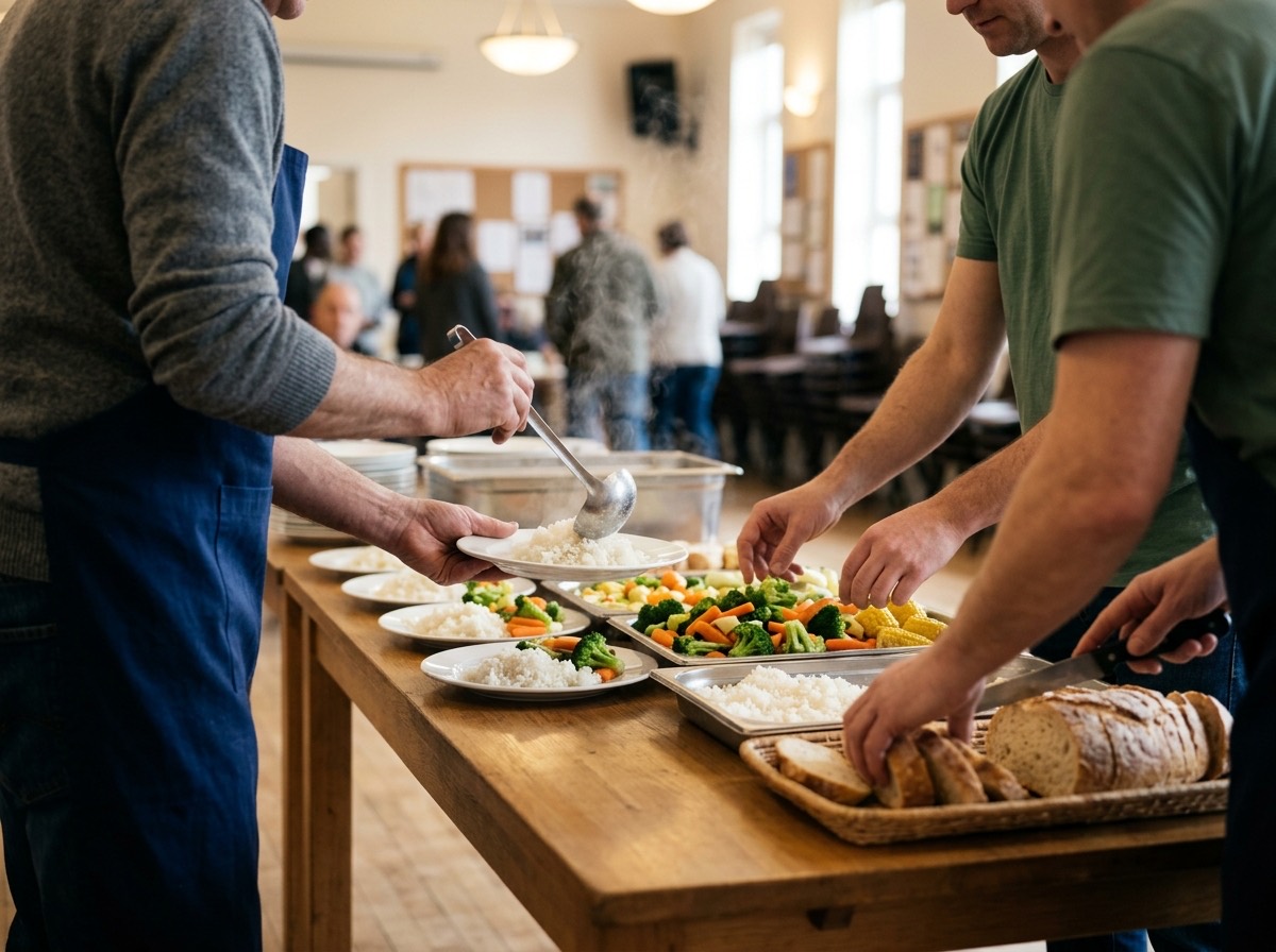 Community meal setup with volunteers arranging food portions