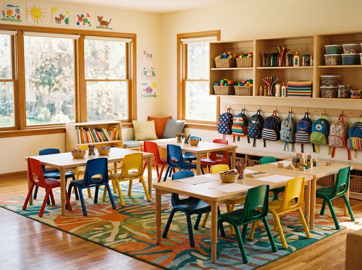 Children with hands up in a classroom or learning activity