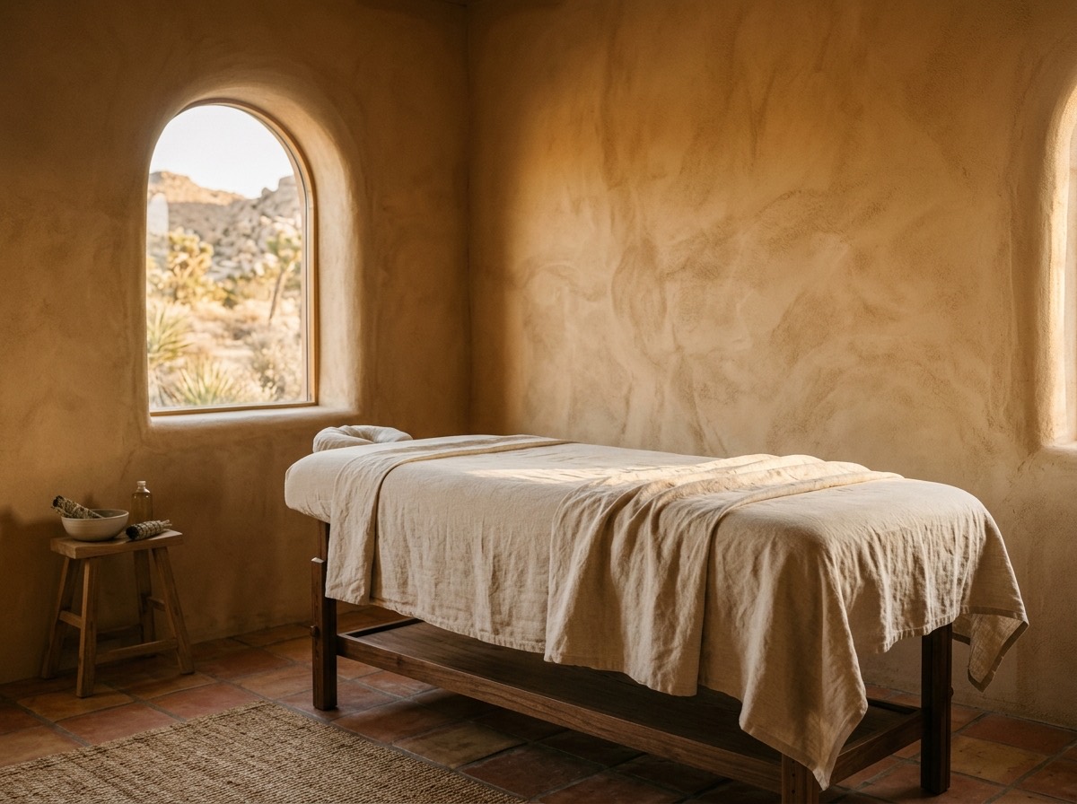 A softly lit massage room with adobe-plastered walls, a linen-draped table, and warm desert light through a window