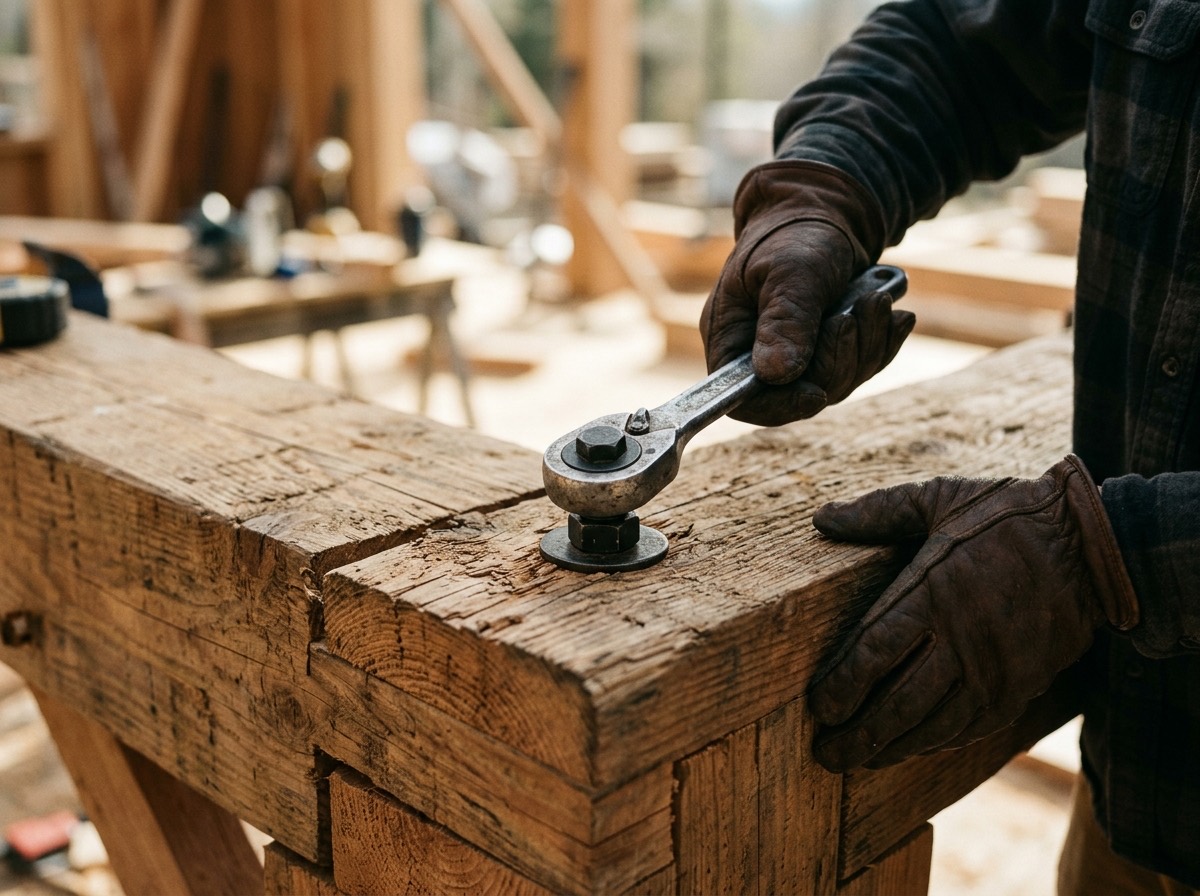Roselawn Construction builder's hands tightening a timber joint on a structural frame