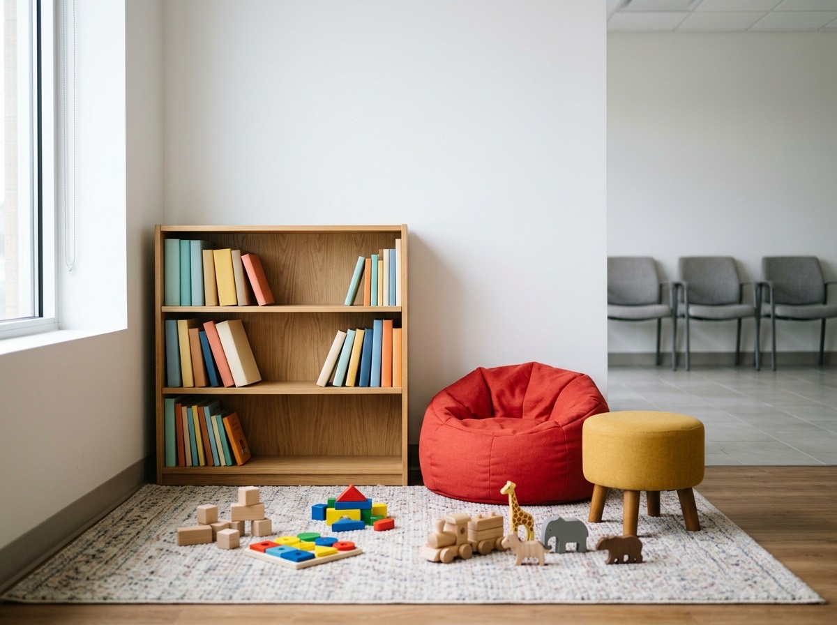 A cheerful children's corner in the waiting room with a small bookshelf, soft seating, and colorful toys