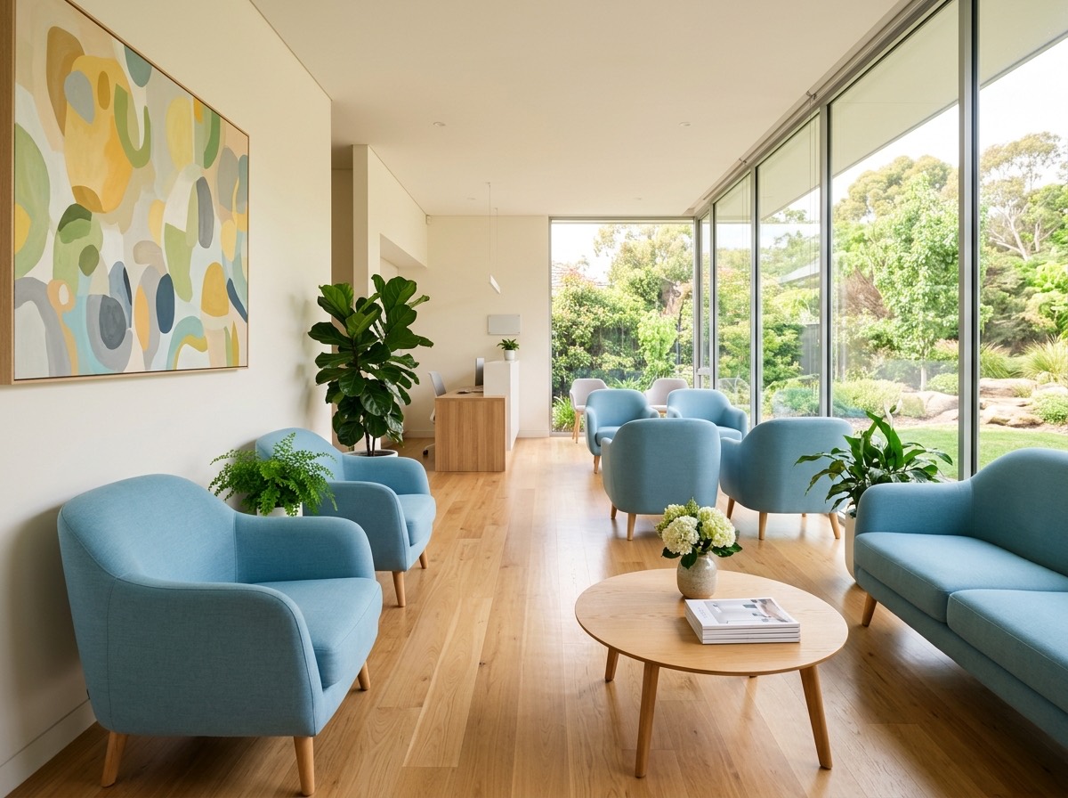 A bright, modern dental reception area with soft blue seating, large windows, and cheerful artwork on the walls