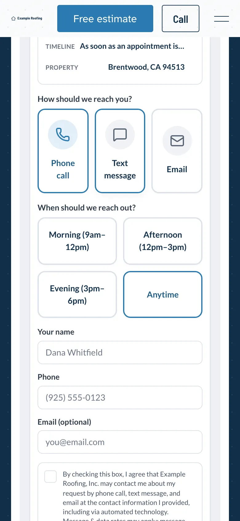 The last step of the estimate request on a phone: how they want to be reached, by phone call, text or email, and when.