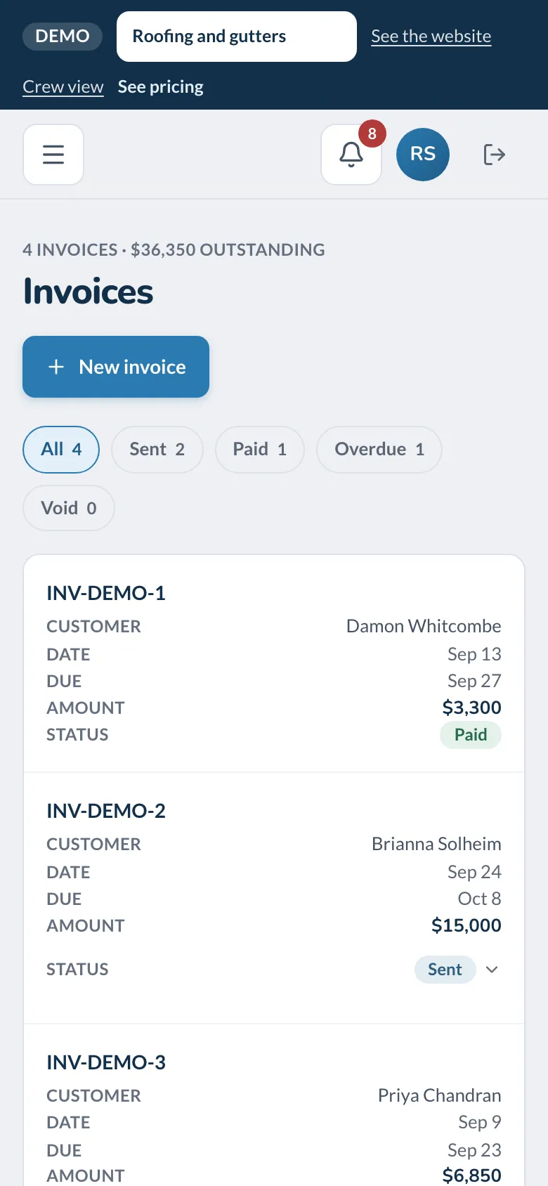 The invoices list in the office app on a phone, filtered by sent, paid and overdue.