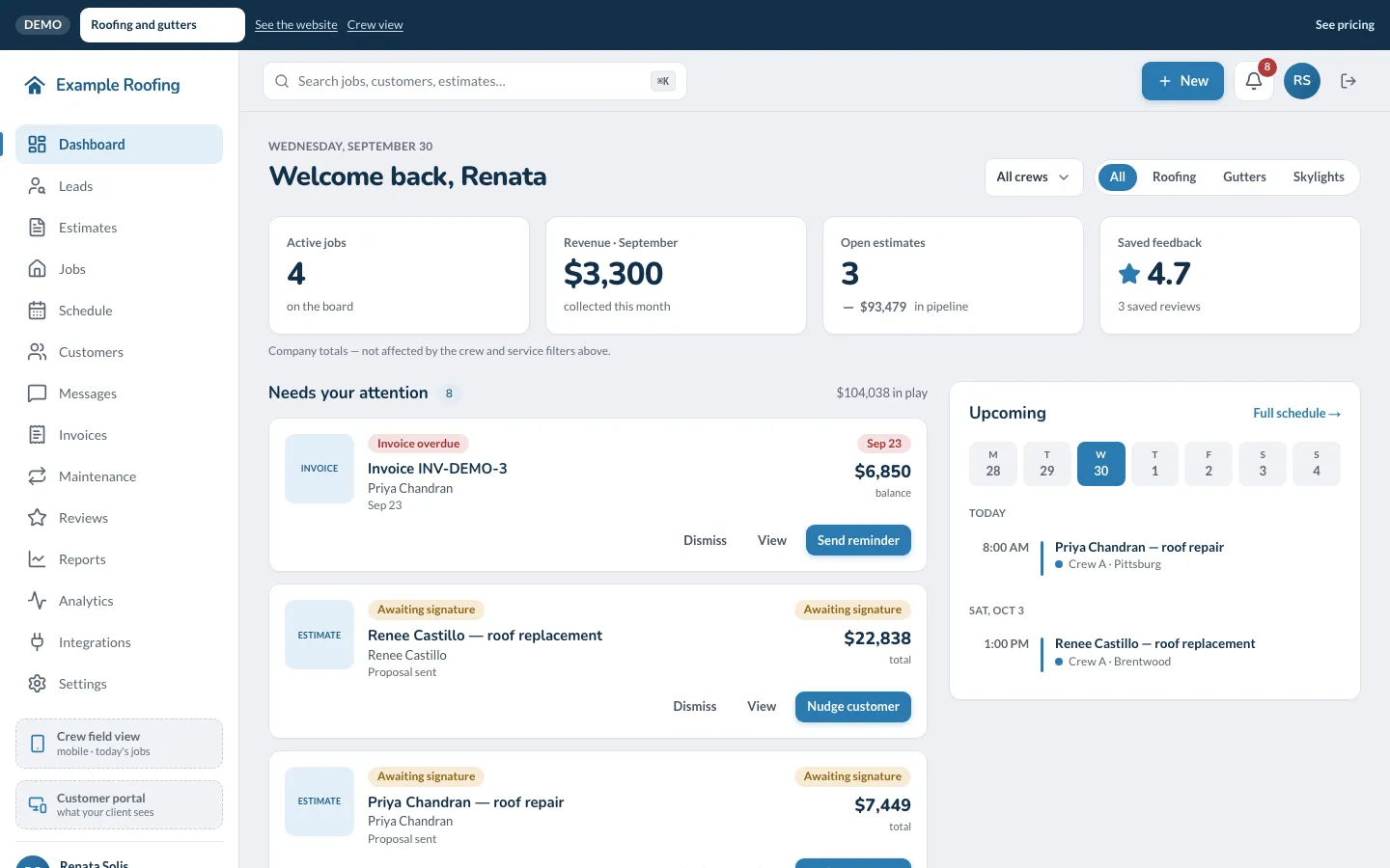 The office app's dashboard: active jobs, open estimates, what needs attention and the week ahead.