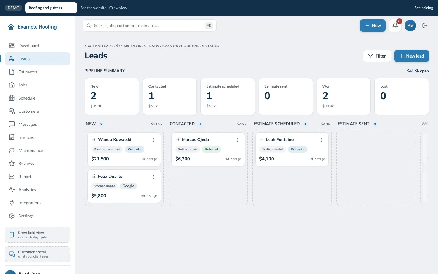 The leads pipeline in the office app, with columns for new, contacted, estimate scheduled and estimate sent.