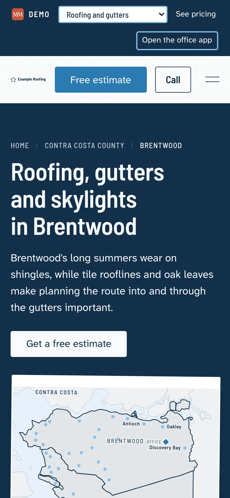 The Brentwood page of the Example Roofing website on a phone, with a map of the East Bay cities it serves.