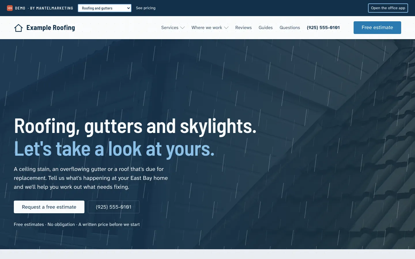 The Example Roofing website's home page: roofing, gutters and skylights, with a button to request a free estimate.