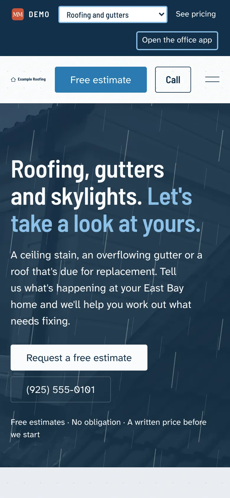The Example Roofing home page on a phone.